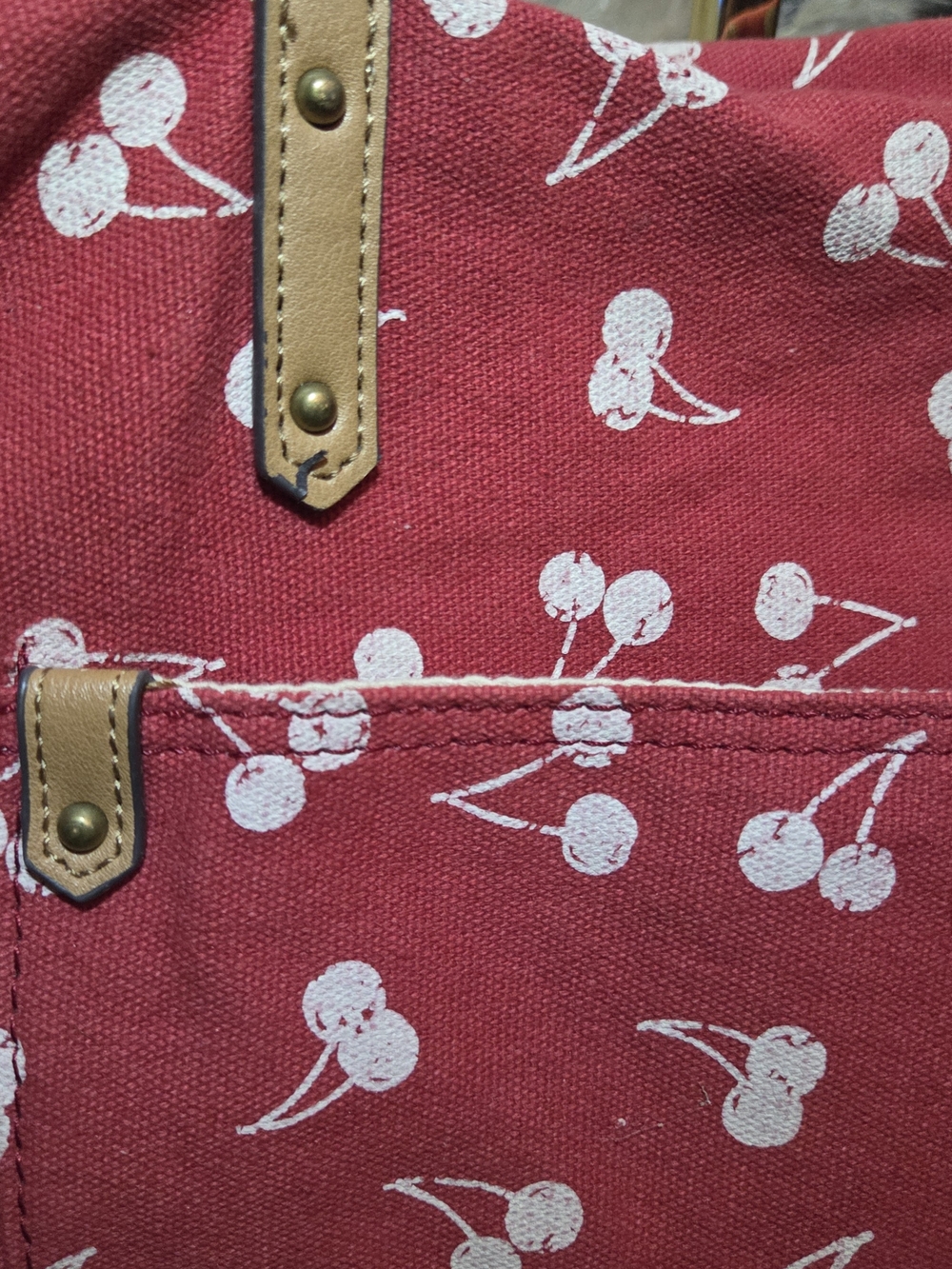 Sonoma Cherry Print Canvas Tote Bag Red Cream Large Everyday Shoulder Tote - Picture 4 of 15